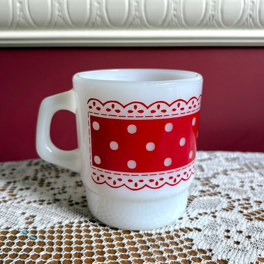 Vintage Anchor Hocking Fire King Milk Glass Mug Red Polka Dot Lace Stackable Cup